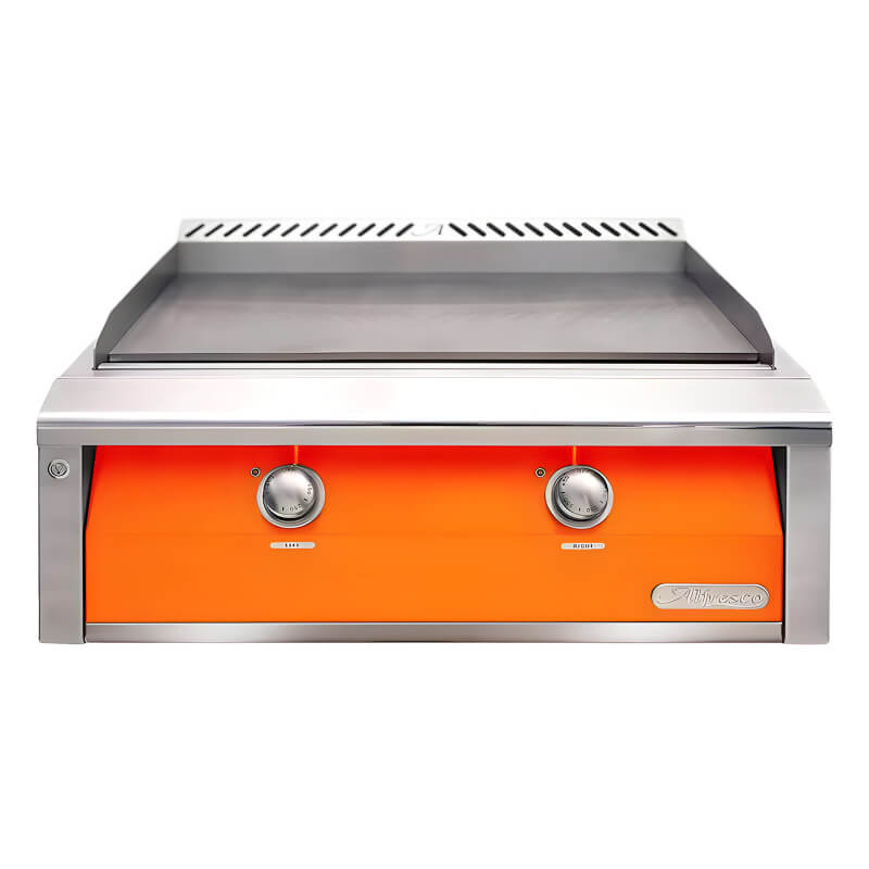 Alfresco 30 Inch Stainless Steel Built-In Gas Griddle | Luminous Orange