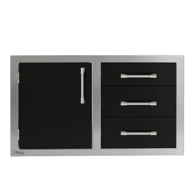 Alfresco 32-Inch Stainless Steel Soft-Close Door & Triple Drawer Combo | Black Matte - Left Door