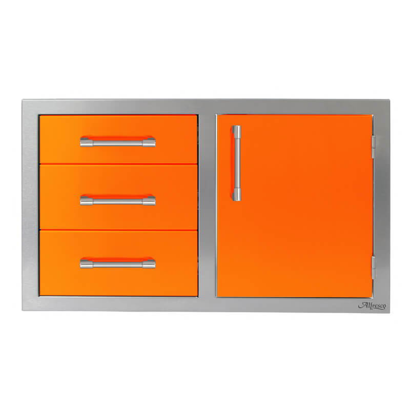 Alfresco 32-Inch Stainless Steel Soft-Close Door & Triple Drawer Combo | Luminous Orange - Right Door