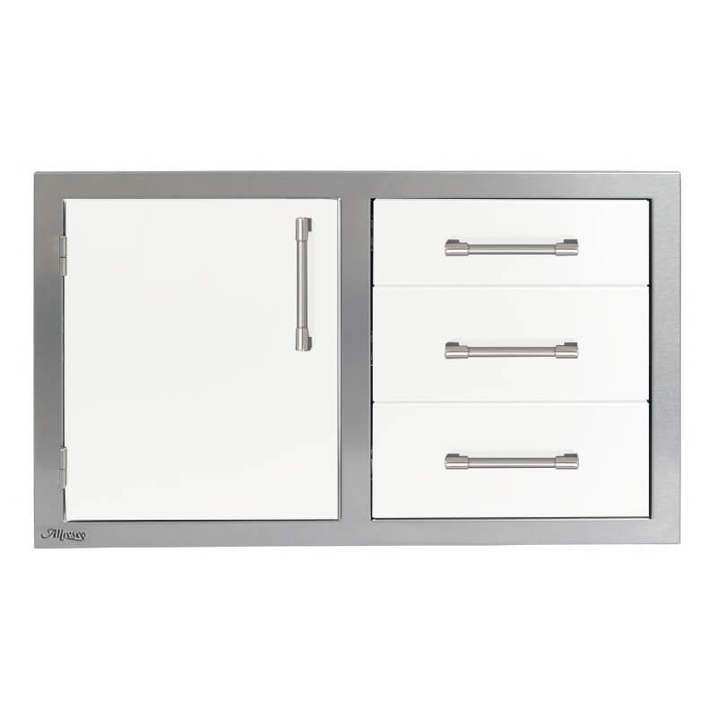 Alfresco 32-Inch Stainless Steel Soft-Close Door & Triple Drawer Combo | White Matte - Left Door