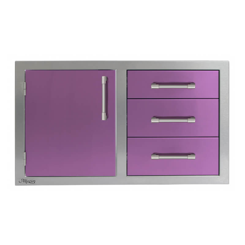 Alfresco 32-Inch Stainless Steel Soft-Close Door & Triple Drawer Combo With Marine Armour | Blue Lilac - Left Door