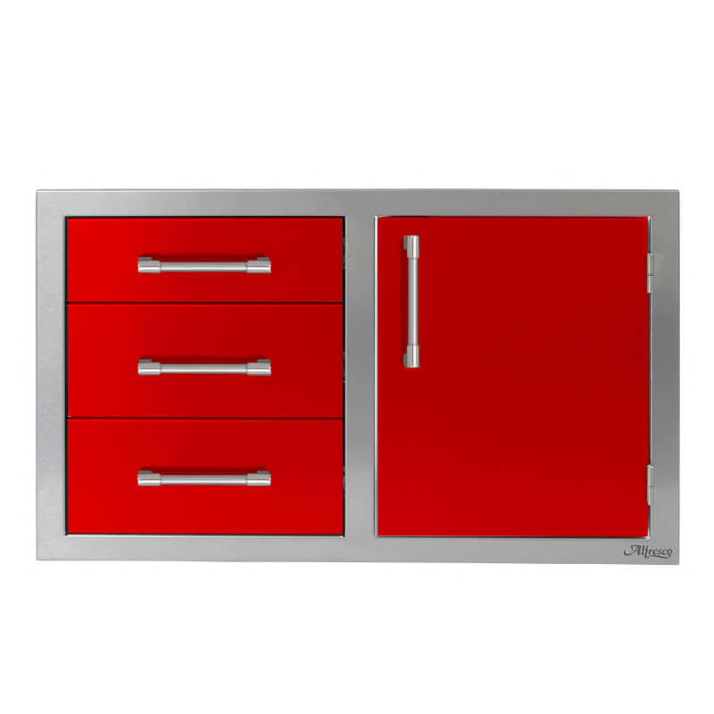Alfresco 32-Inch Stainless Steel Soft-Close Door & Triple Drawer Combo With Marine Armour | Carmine Red - Right Door