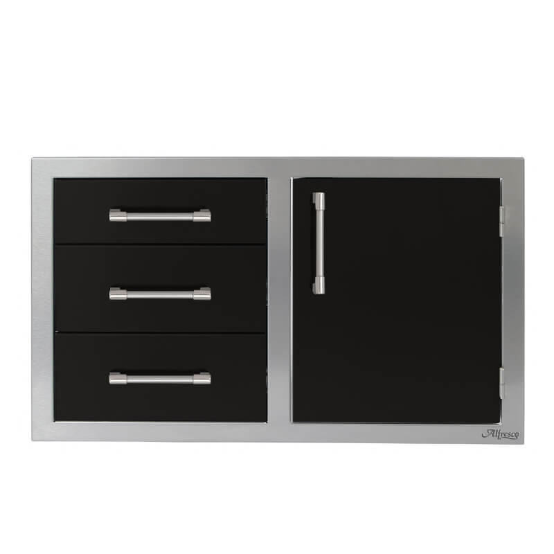 Alfresco 32-Inch Stainless Steel Soft-Close Door & Triple Drawer Combo With Marine Armour | Jet Black Gloss - Right Door