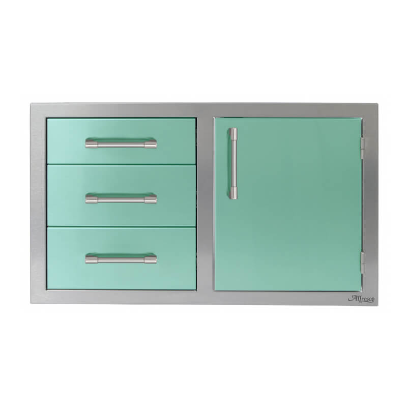 Alfresco 32-Inch Stainless Steel Soft-Close Door & Triple Drawer Combo With Marine Armour | Green Light - Right Door