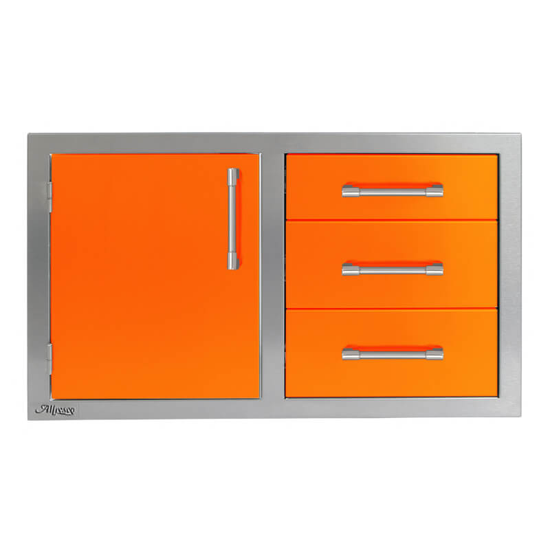 Alfresco 32-Inch Stainless Steel Soft-Close Door & Triple Drawer Combo With Marine Armour | Luminous Orange - Left Door