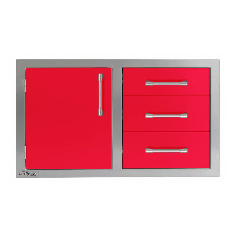 Alfresco 32-Inch Stainless Steel Soft-Close Door & Triple Drawer Combo With Marine Armour | Raspberry Red - Left Door
