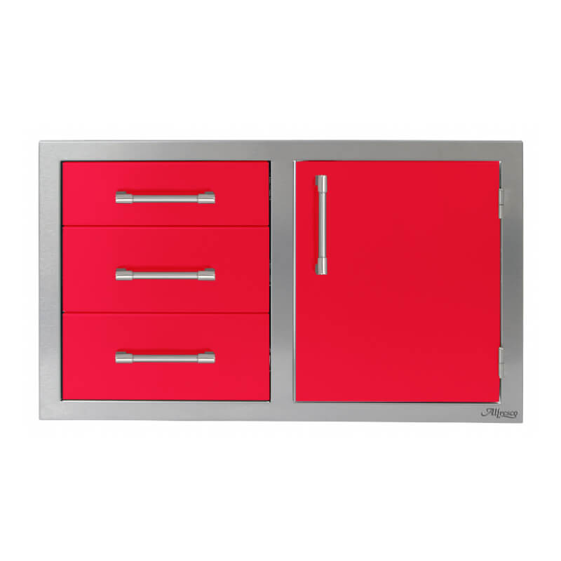 Alfresco 32-Inch Stainless Steel Soft-Close Door & Triple Drawer Combo With Marine Armour | Raspberry Red - Right Door