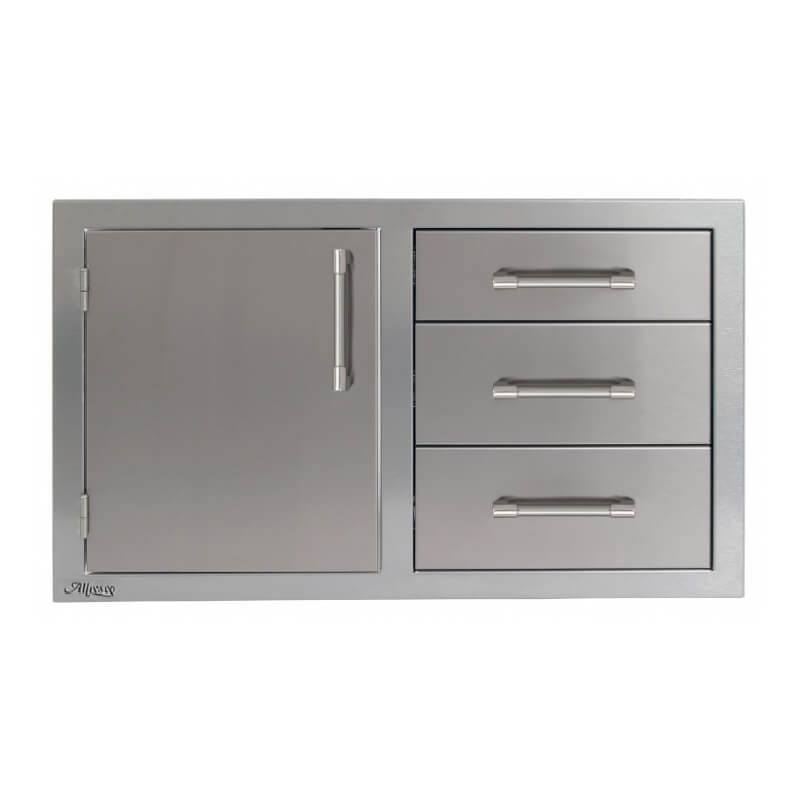 Alfresco 32-Inch Stainless Steel Soft-Close Door & Triple Drawer Combo With Marine Armour | Signal Gray - Left Door