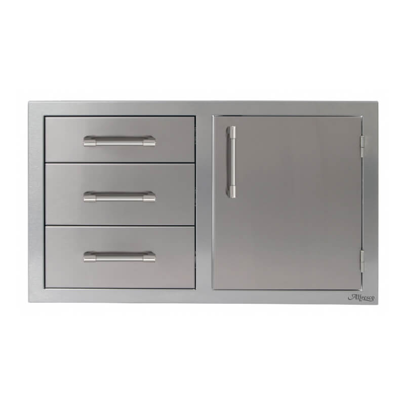 Alfresco 32-Inch Stainless Steel Soft-Close Door & Triple Drawer Combo With Marine Armour | Signal Gray - Right Door