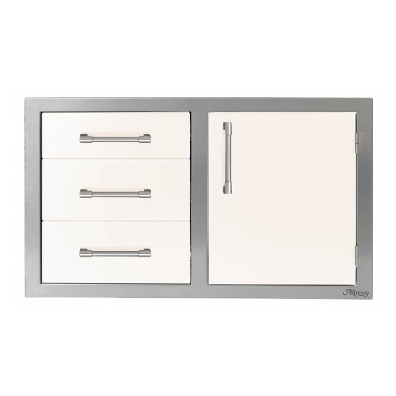 Alfresco 32-Inch Stainless Steel Soft-Close Door & Triple Drawer Combo With Marine Armour | Signal White Gloss- Right Door