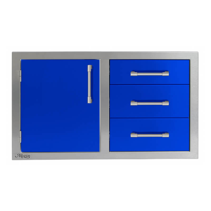 Alfresco 32-Inch Stainless Steel Soft-Close Door & Triple Drawer Combo With Marine Armour | Ultramarine Blue - Left Door