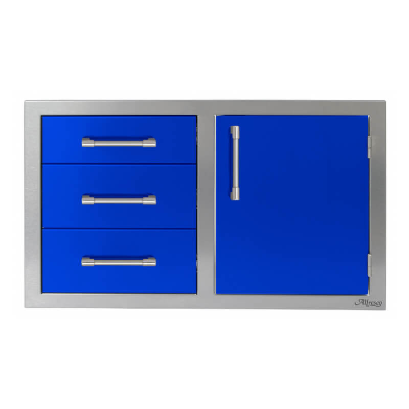 Alfresco 32-Inch Stainless Steel Soft-Close Door & Triple Drawer Combo With Marine Armour | Ultramarine Blue - Right Door