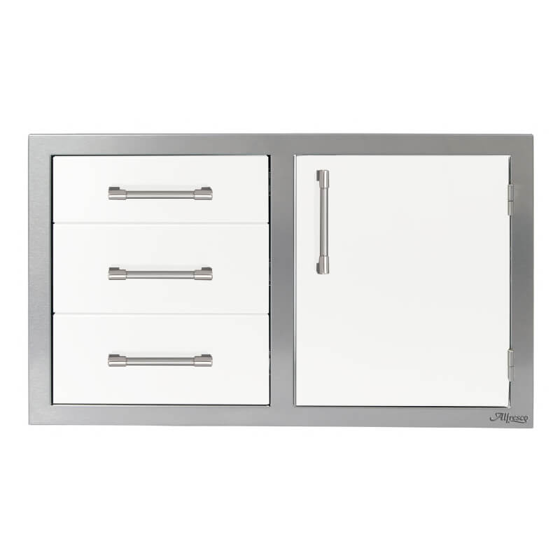 Alfresco 32-Inch Stainless Steel Soft-Close Door & Triple Drawer Combo With Marine Armour | White Matte - Right Door