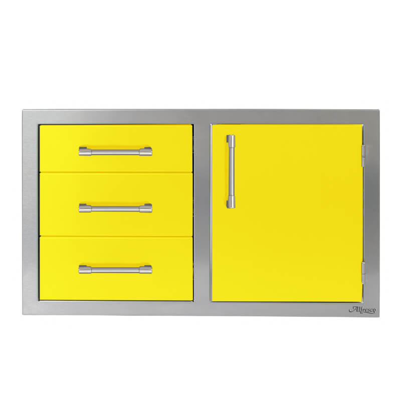 Alfresco 32-Inch Stainless Steel Soft-Close Door & Triple Drawer Combo With Marine Armour | Traffic Yellow - Right Door