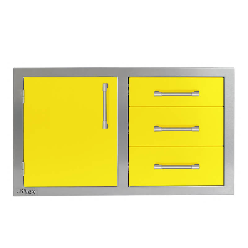 Alfresco 32-Inch Stainless Steel Soft-Close Door & Triple Drawer Combo | Traffic Yellow - Left Door