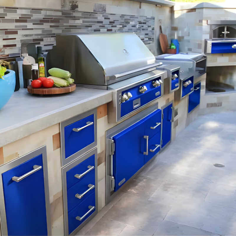 Alfresco 42 Inch 7.2 Cu. Ft. Under Grill Outdoor Rated Refrigerator | Installed in Outdoor Kitchen In Ultramarine Blue 