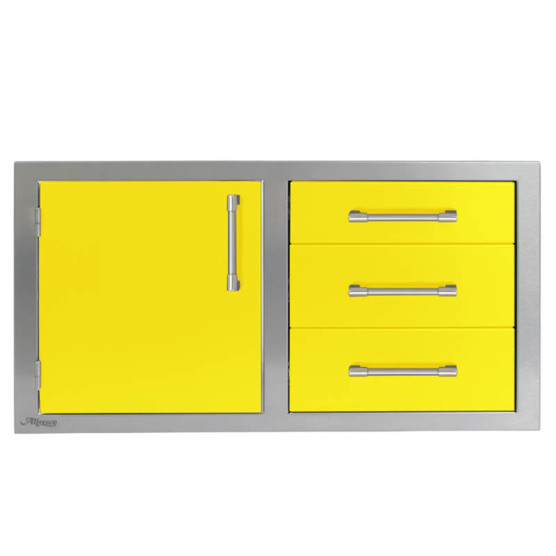Alfresco 42-Inch Stainless Steel Soft-Close Door & Triple Drawer Combo With Marine Armour | Traffic Yellow - Left Door