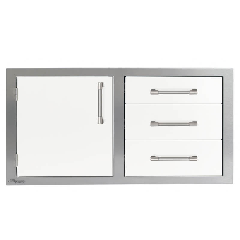 Alfresco 42-Inch Stainless Steel Soft-Close Door & Triple Drawer Combo | Signal White Matte - Left Door