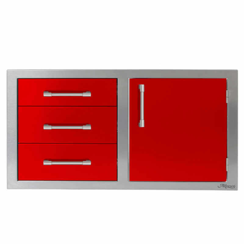 Alfresco 42-Inch Stainless Steel Soft-Close Door & Triple Drawer Combo With Marine Armour | Carmine Red - Right Door