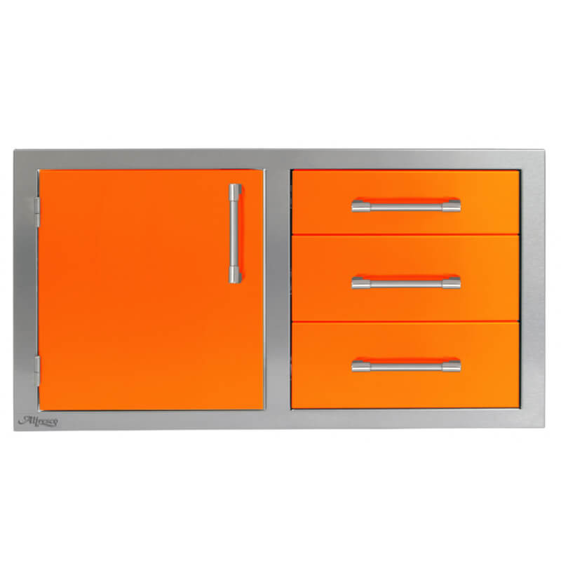 Alfresco 42-Inch Stainless Steel Soft-Close Door & Triple Drawer Combo With Marine Armour | Luminous Orange - Left Door