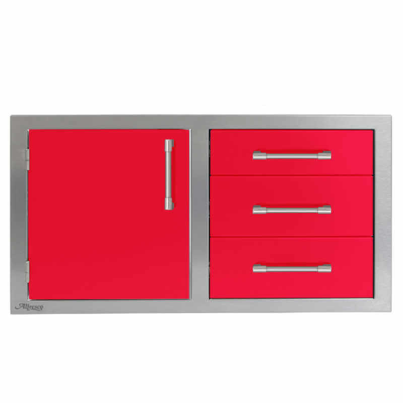 Alfresco 42-Inch Stainless Steel Soft-Close Door & Triple Drawer Combo With Marine Armour | Raspberry Red - Left Door