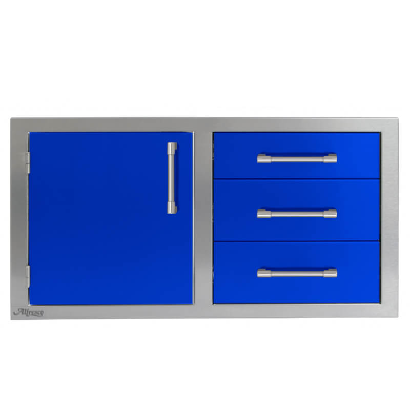 Alfresco 42-Inch Stainless Steel Soft-Close Door & Triple Drawer Combo | Ultramarine Blue - Left Door
