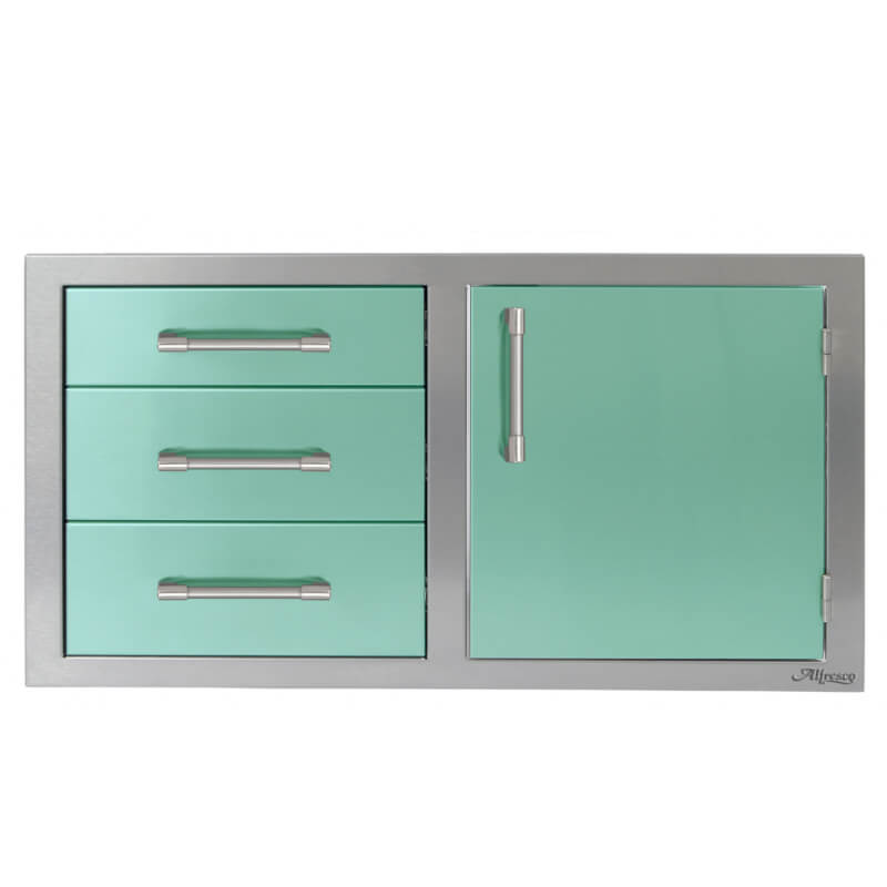 Alfresco 42-Inch Stainless Steel Soft-Close Door & Triple Drawer Combo With Marine Armour | Light Green - Right Door