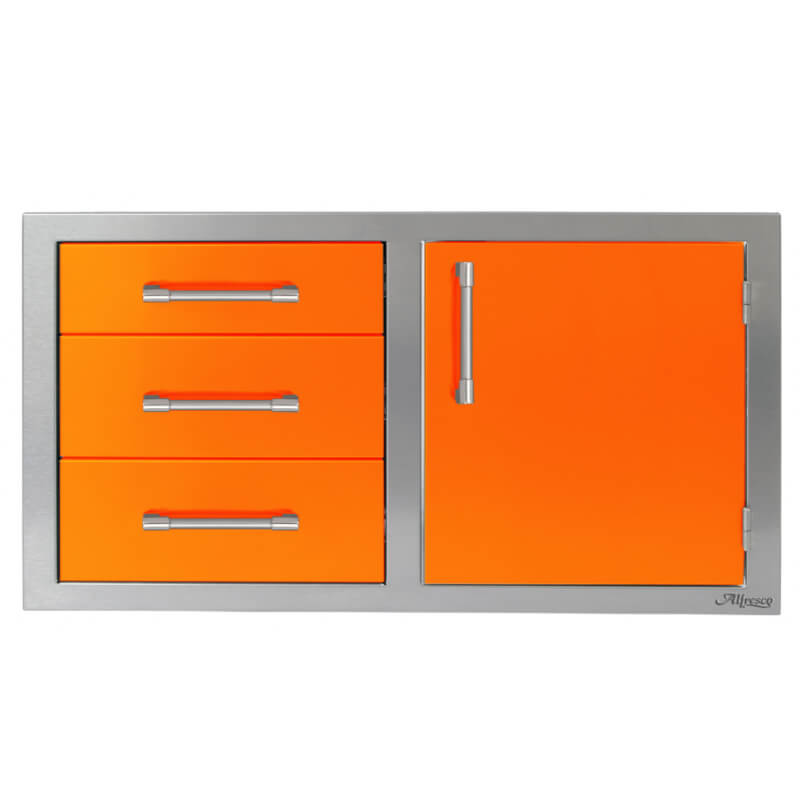 Alfresco 42-Inch Stainless Steel Soft-Close Door & Triple Drawer Combo With Marine Armour | Luminous Orange - Right Door