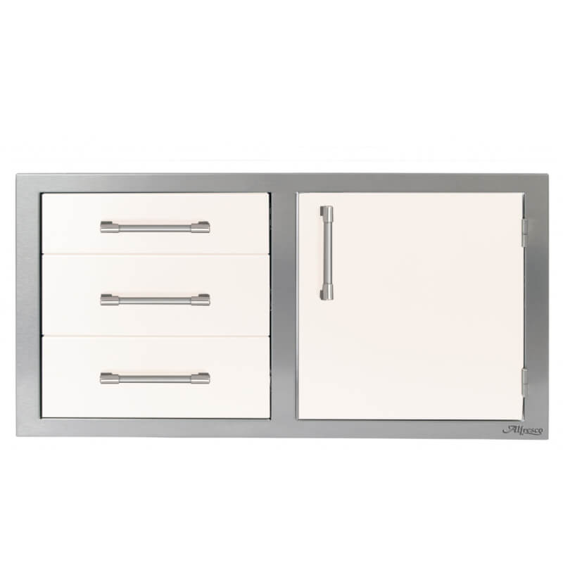 Alfresco 42-Inch Stainless Steel Soft-Close Door & Triple Drawer Combo With Marine Armour | Signal White Gloss- Right Door