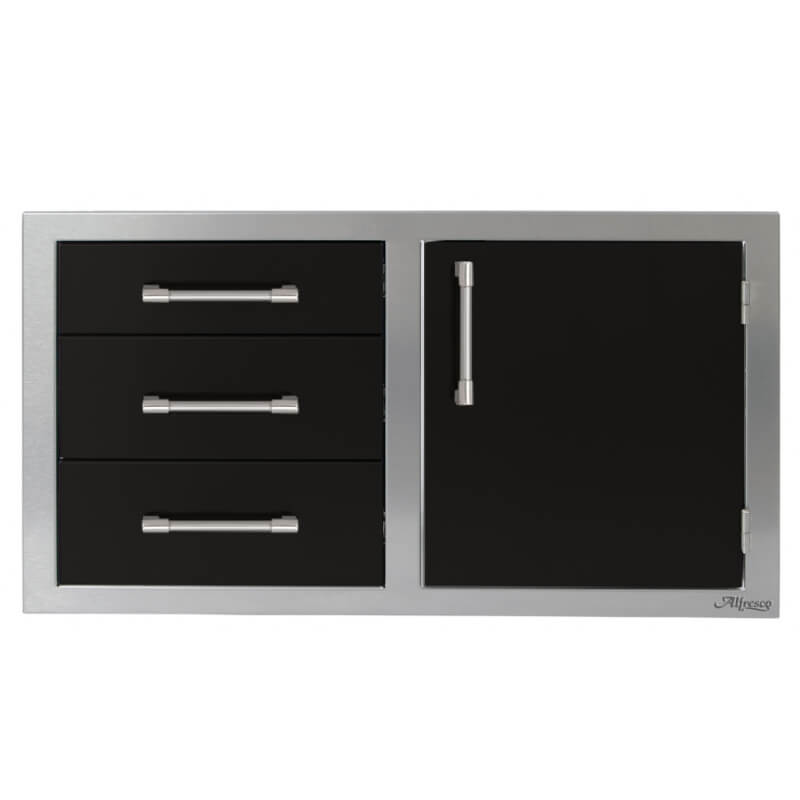 Alfresco 42-Inch Stainless Steel Soft-Close Door & Triple Drawer Combo | Jet Black Gloss- Right Door