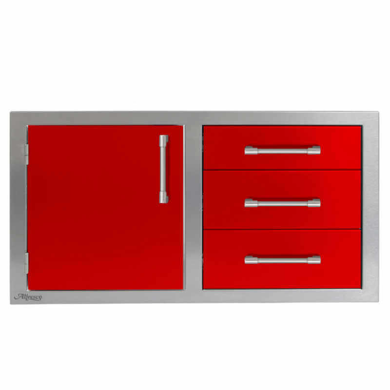 Alfresco 42-Inch Stainless Steel Soft-Close Door & Triple Drawer Combo With Marine Armour | Carmine Red - Left Door