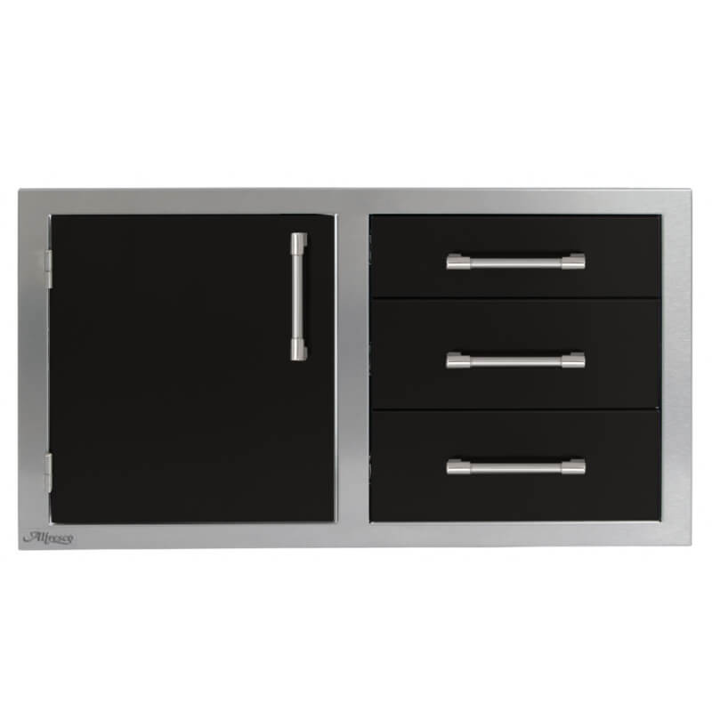 Alfresco 42-Inch Stainless Steel Soft-Close Door & Triple Drawer Combo | Jet Black Gloss - Left Door
