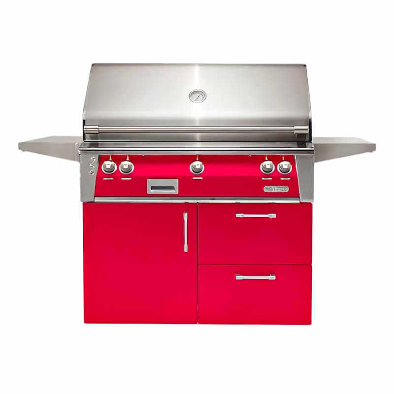 Alfresco ALXE 42-Inch Gas Grill on Deluxe Cart With Rotisserie With Marine Armour | Raspberry Red