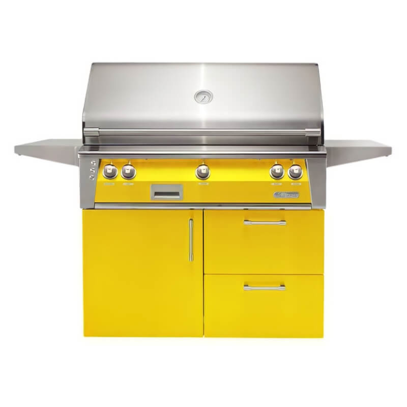 Alfresco ALXE 42-Inch Gas Grill on Deluxe Cart With Rotisserie With Marine Armour | Traffic Yellow
