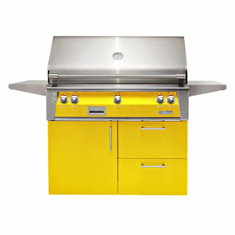 Alfresco ALXE 42-Inch Gas Grill on Deluxe Cart With Rotisserie With Marine Armour | Traffic Yellow