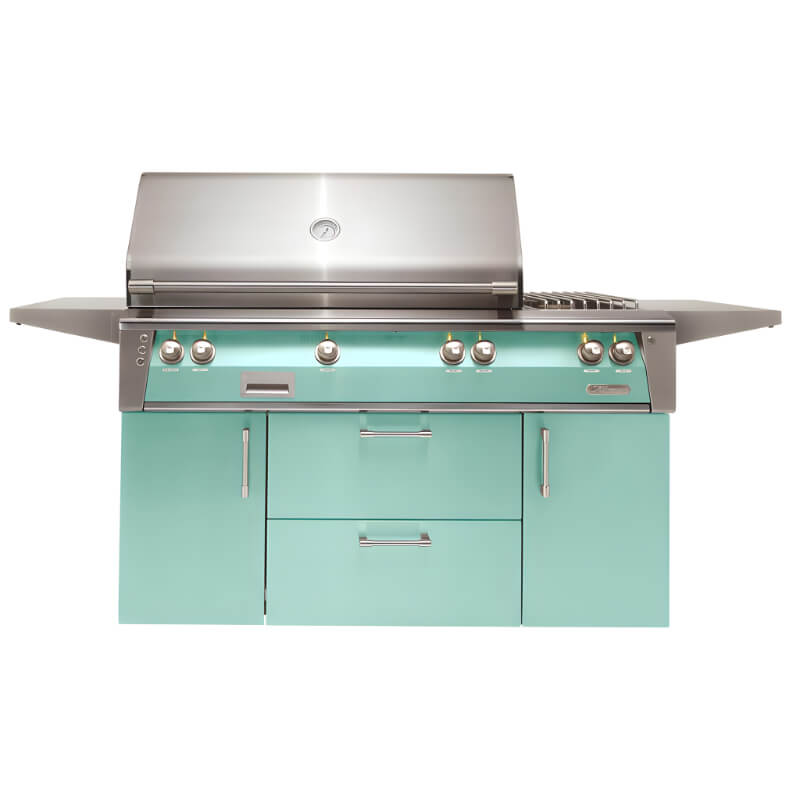 Alfresco ALXE 56-Inch Freestanding Gas Deluxe Grill With Rotisserie, And Side Burner | Light Green