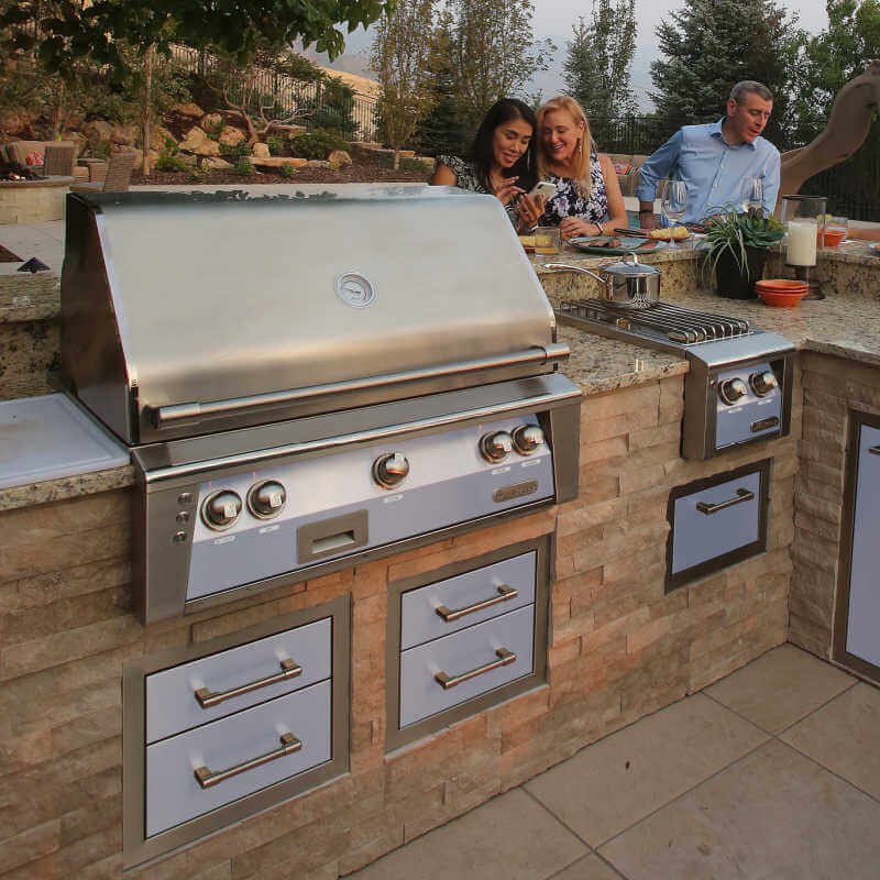 Alfresco 17-Inch Stainless Steel Soft-Close Double Drawer | Installed in Outdoor Kitchen in Blue Lilac
