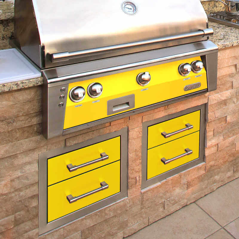 Alfresco 17-Inch Stainless Steel Soft-Close Double Drawer | Installed in Outdoor Kitchen in Traffic Yellow