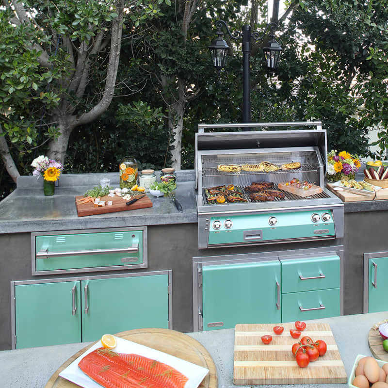 Alfresco 30-Inch Electric Warming Drawer | Installed in Outdoor Kitchen in Light Green