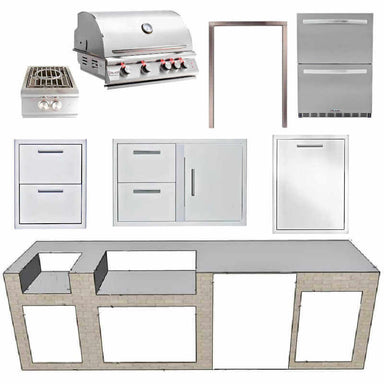 EZ Finish Systems 10 Ft Ready-To-Finish Outdoor Grill Island with Blaze Premium LTE 32-Inch Grill, Power Burner, Combo, Double Drawer, & 2-Drawer Refrigerator