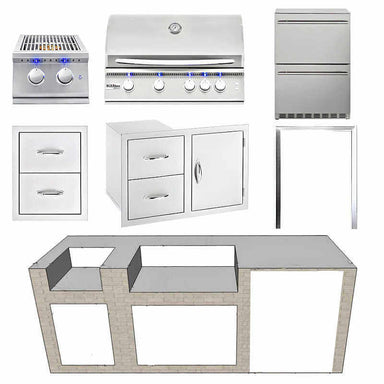 EZ Finish Systems 8 Ft Ready-To-Finish Grill Island with Summerset Sizzler Pro 32-Inch Grill, Double Side Burner, Combo, Double Drawer, and 2-Drawer Refrigerator