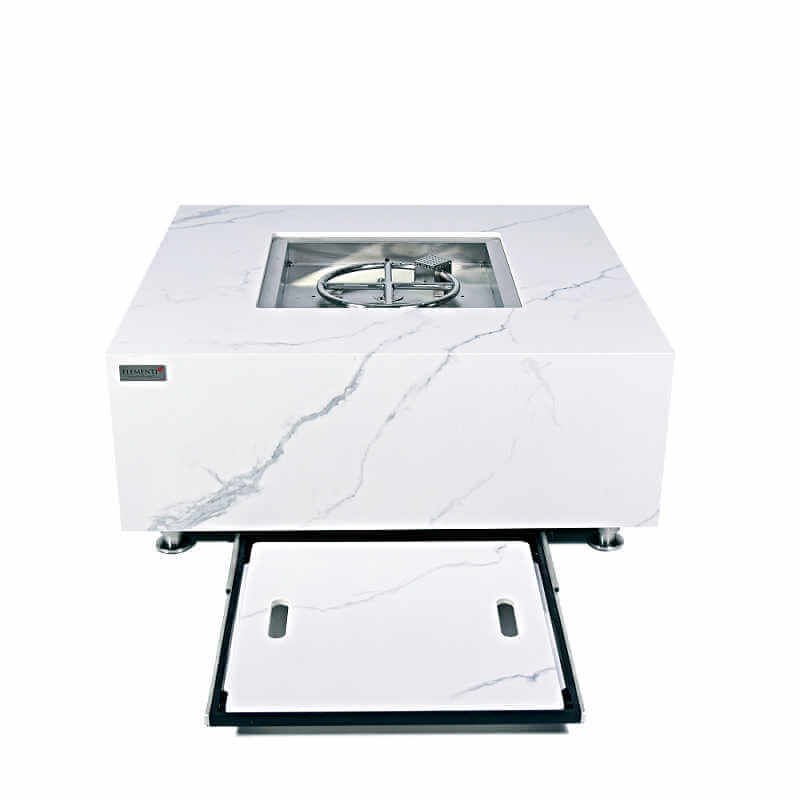 Elementi Plus Bianco White Marble Porcelain Square Fire Table with Porcelain Lid Storage Area