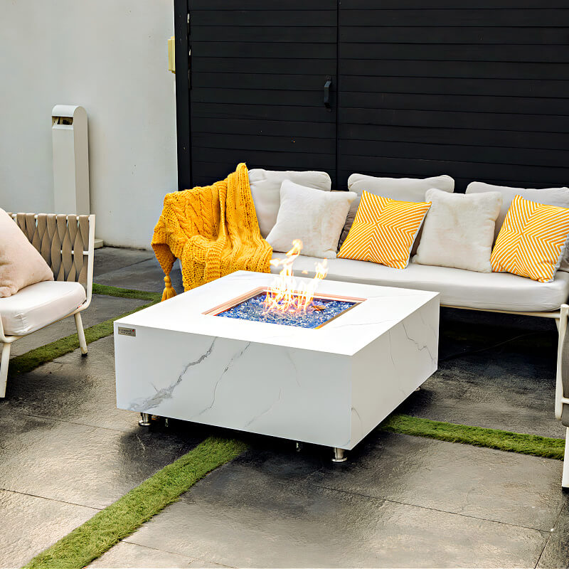 Elementi Plus Bianco White Marble Porcelain Square Fire Table on Patio with Flame