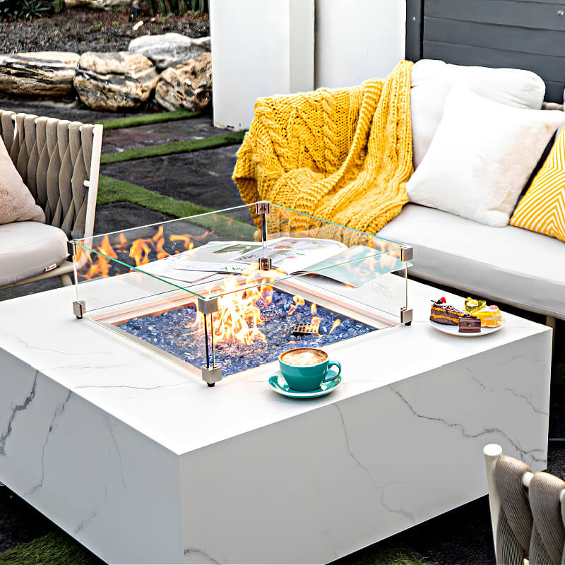 Elementi Plus Bianco White Marble Porcelain Square Fire Table with Tempered Glass Wind Screen