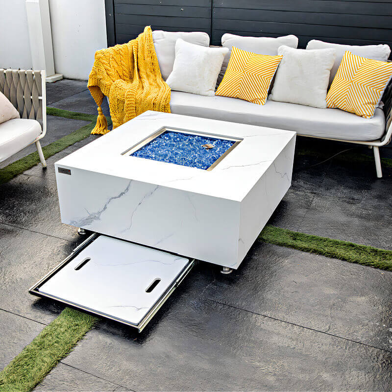 Elementi Plus Bianco White Marble Porcelain Square Fire Table with Retractable Porcelain Lid Holder