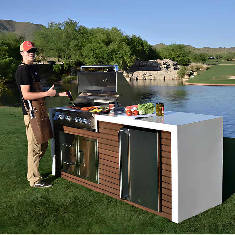 Kokomo Grills Professional Shiplap Outdoor Kitchen with Waterfall Edge | Shown Grilling Outdoors