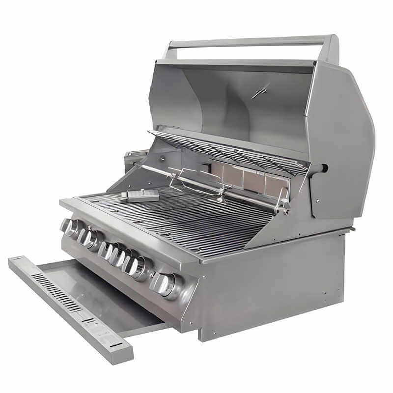 Lion Premium Q BBQ Island: Lion L90000 40-Inch 5 Burner Gas Grill | Grease Tray Pull-Out Drawer
