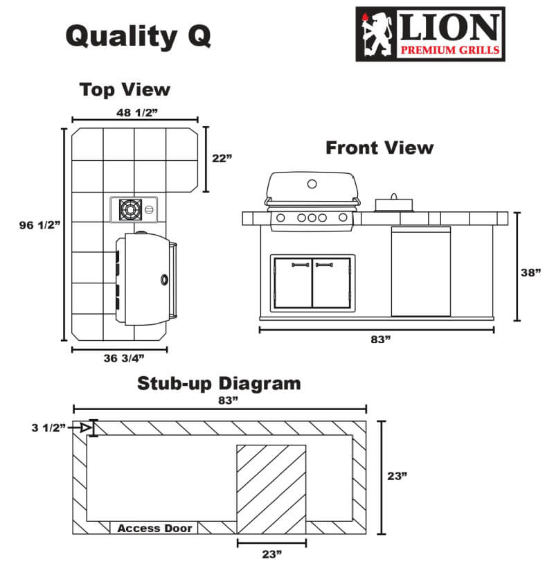 Lion Quality Q BBQ Island: Front View Dimensions