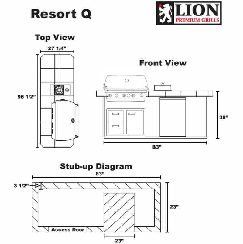 Lion Resort Q BBQ Island: Front View Dimensions