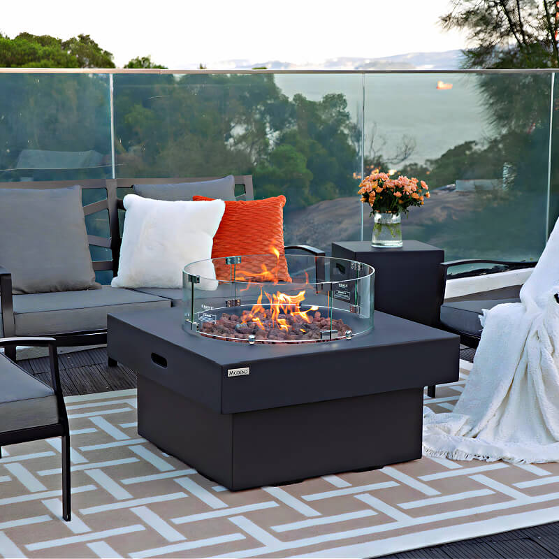 Modeno Branford Slate Square Concrete Fire Table With Tempered Glass Wind Screen
